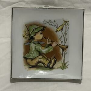 Vintage Hummel Style Wall Hanging Plate Porcelain Square Boy Playing Music Bird